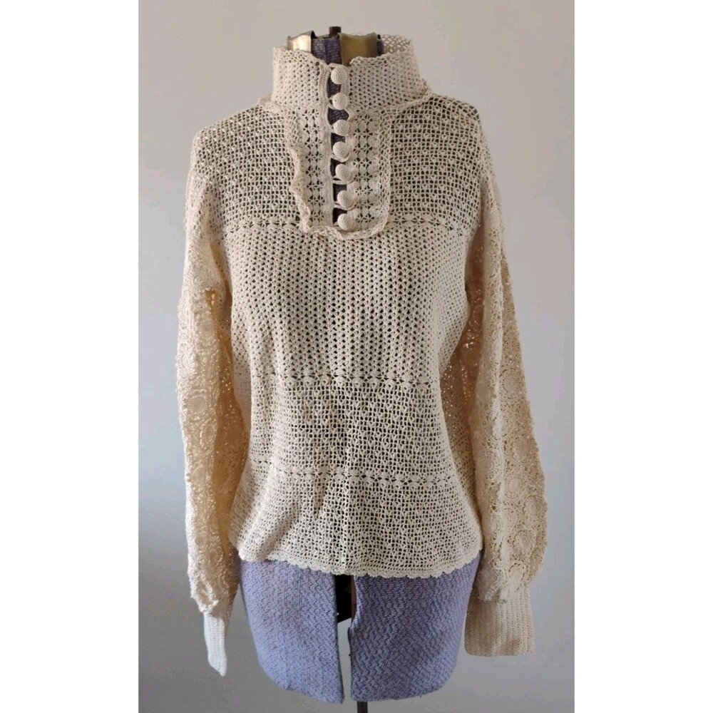 Vtg LIMS Crochet Sweater Cream Lace Open Knit Boho Poof Sleeve M/L Gorgeous